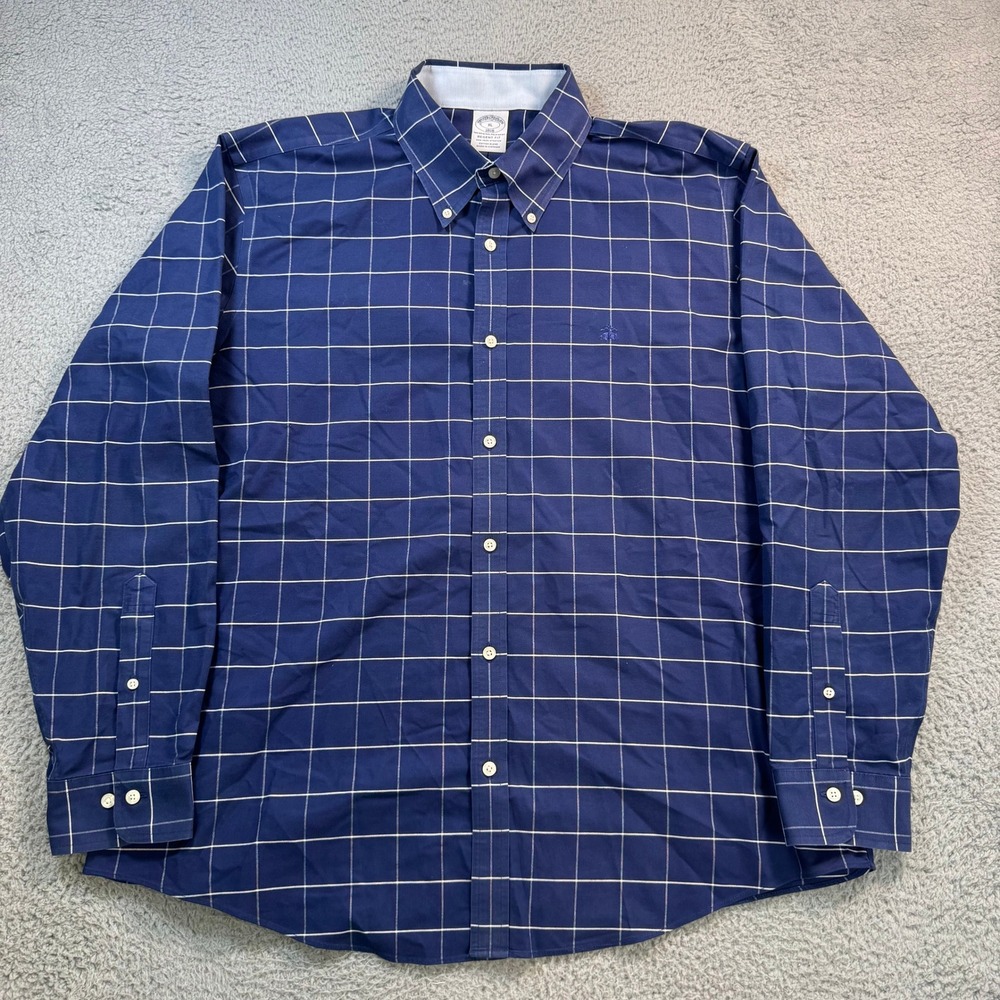 Brooks Brothers Regent Fit Non-Iron Stretch Shirt XL Navy Blue Windowpane 1818
